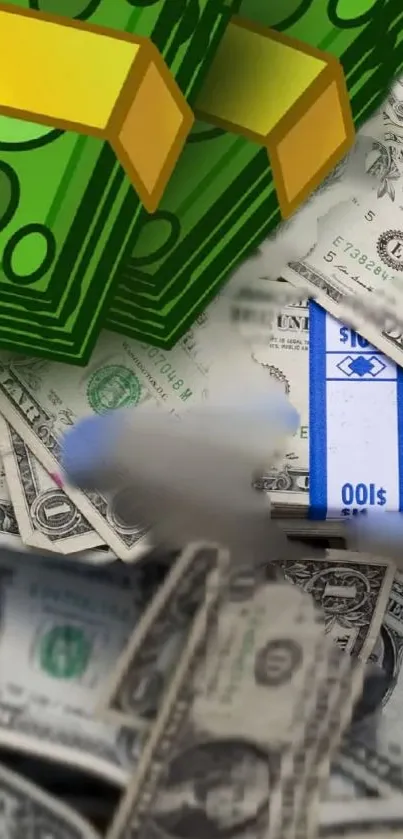 Animated dollar bills with real currency background.