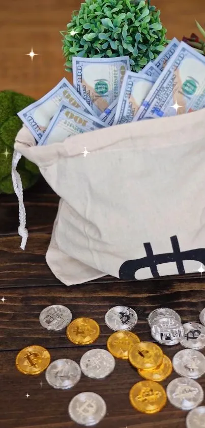 Canvas bag of money and crypto coins on wooden table.