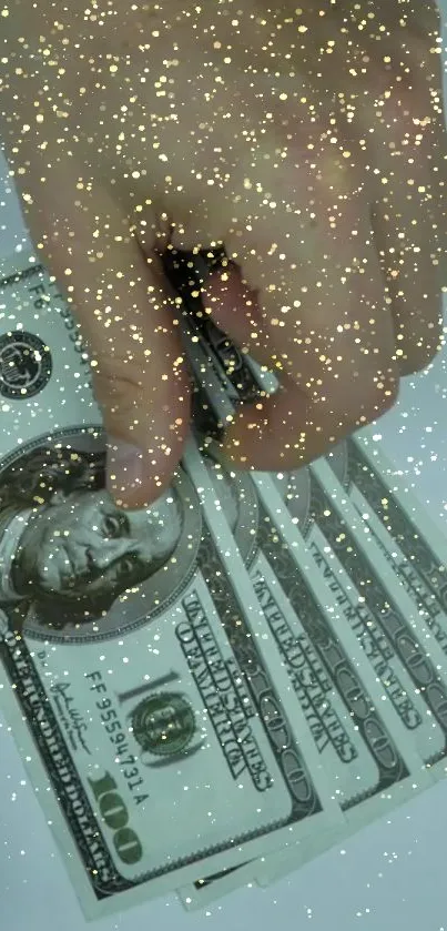 Hand holding dollar bills with glitter overlay.