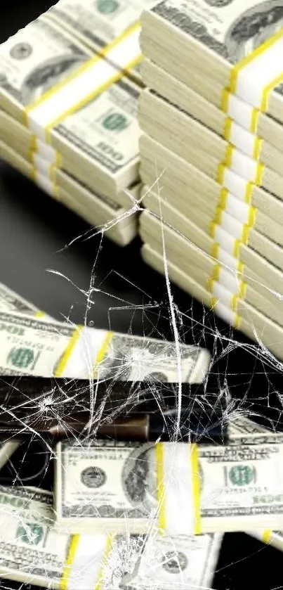 Wallpaper of money stacks with broken glass effect.