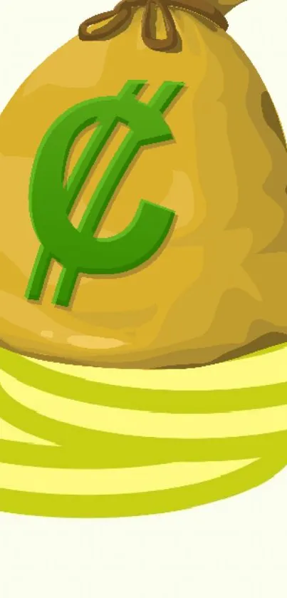 Illustrated yellow-brown money bag with green currency symbol.