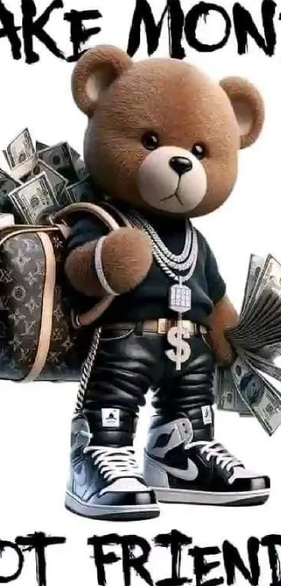 Teddy bear in hip-hop style with money and luxury items.