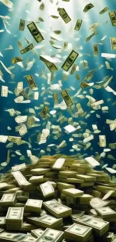 Cascade of falling cash with stacks of money underwater.