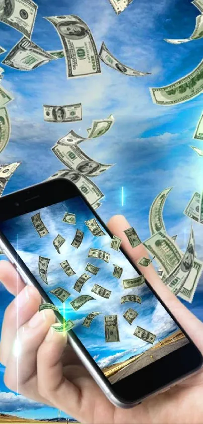 Mobile wallpaper with dollar bills falling from a smartphone against a blue sky.