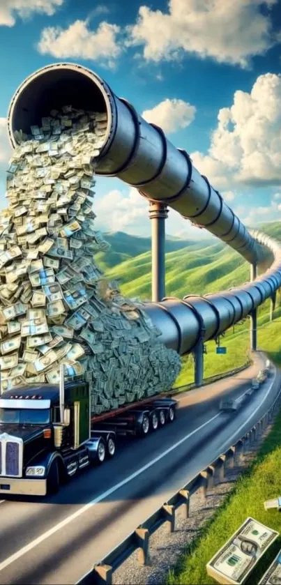 Truck with money flowing through a pipeline over a scenic hilly road.