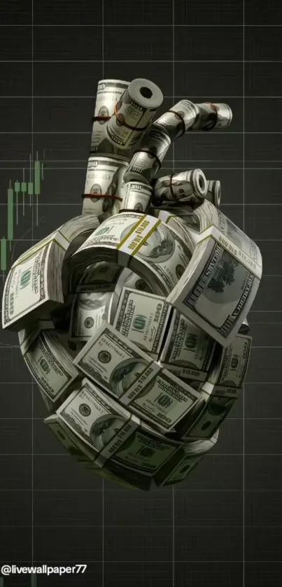 Heart shaped with dollar bills on dark chart background.