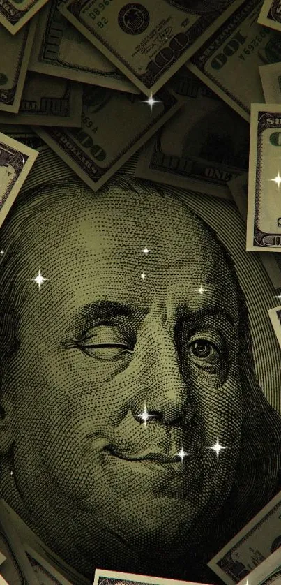 Mobile wallpaper with dollar bills and Ben Franklin face.