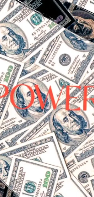 Wallpaper featuring hundred-dollar bills and the word 'Power'.