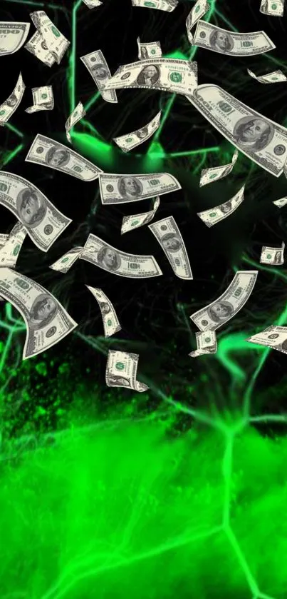 Dollar bills floating on a vibrant green background with dynamic energy.