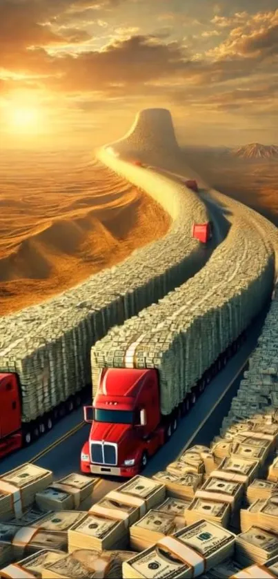 Trucks driving on road made of dollar bills with a sunset backdrop.