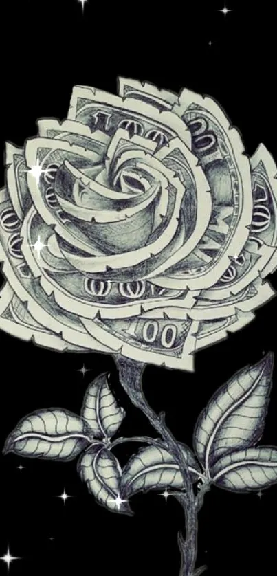 Creative money rose on a black background, elegant phone wallpaper.