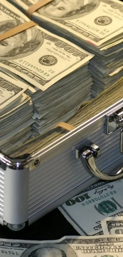 Stacks of US hundred-dollar bills in a briefcase on a mobile wallpaper.