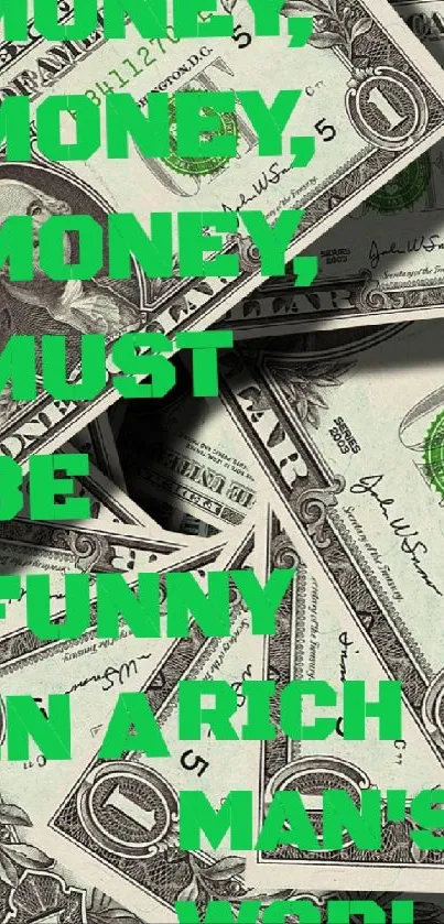 Bright green text on dollar bill background with money theme.