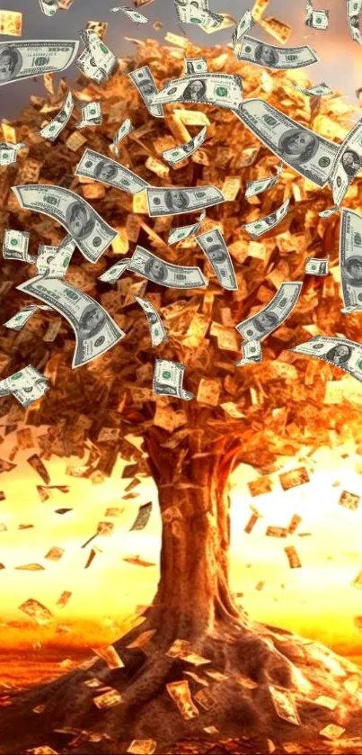 Fantasy money tree with dollar bills as leaves in vibrant orange setting.