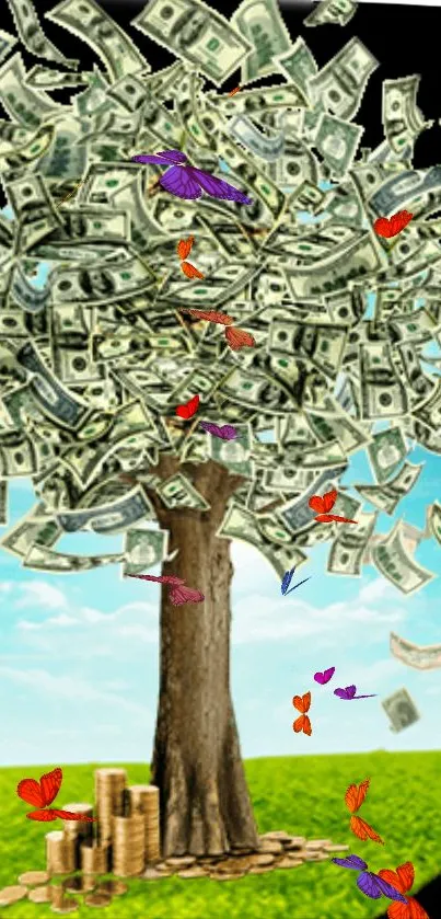 Mobile wallpaper of a money tree with dollar bills and butterflies.