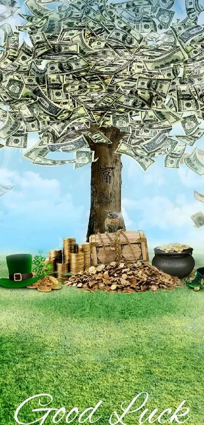 Green money tree with pot of gold and currency leaves under blue sky.