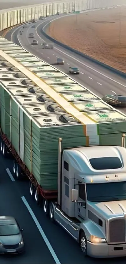 Truck carrying stacks of money on a highway, symbolizing wealth and luxury.