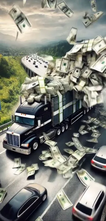 A truck on a highway with money flying through the air.