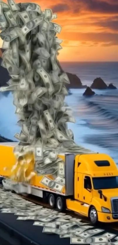 Truck with money falling by ocean road at sunset.