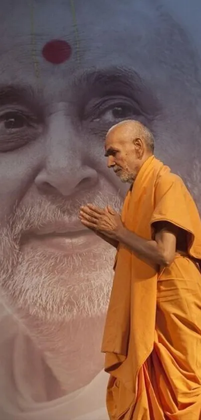 Serene monk stands in reflective meditation against a peaceful backdrop.