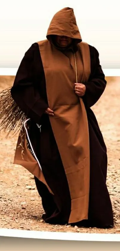 Monk in brown robe walking through a peaceful desert path.