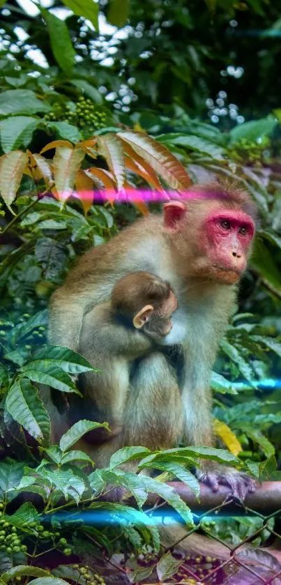 Mother monkey and baby in lush green jungle.