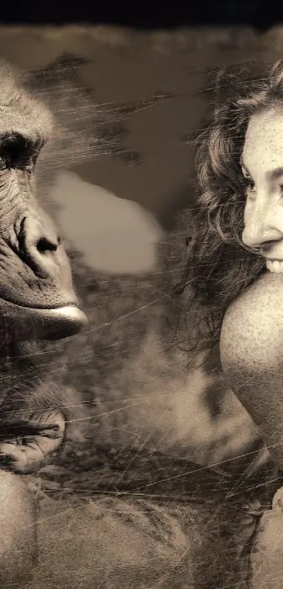 Sepia-toned portrait of a woman and a gorilla gazing at each other.