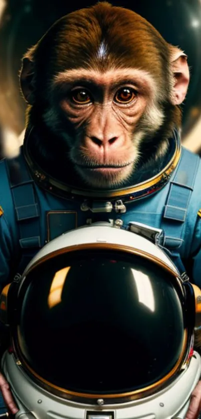 Monkey in astronaut suit holding a helmet.