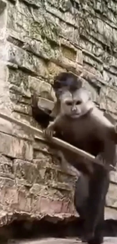 Monkey climbs a rustic stone wall in this animated wallpaper.