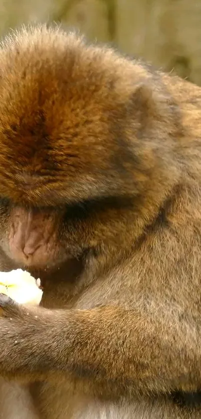 Monkey enjoying an apple in nature, creating a serene phone wallpaper.