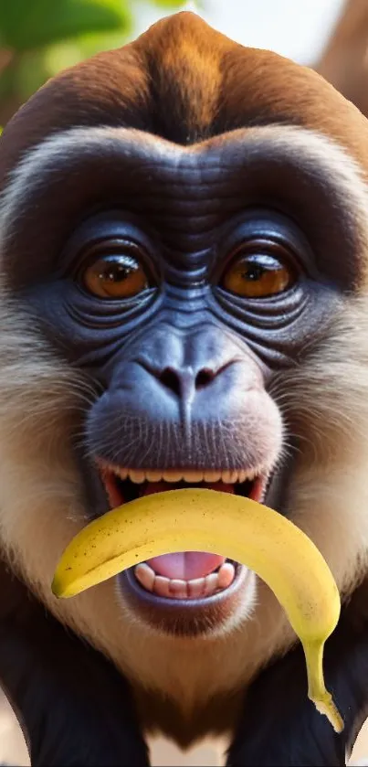 Joyful monkey munching on a banana in lush jungle setting.