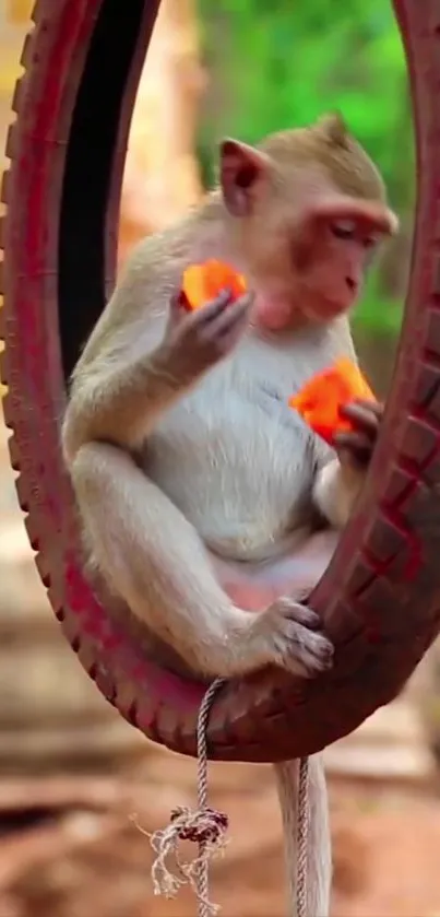 Monkey swinging on tire, eating fruit.