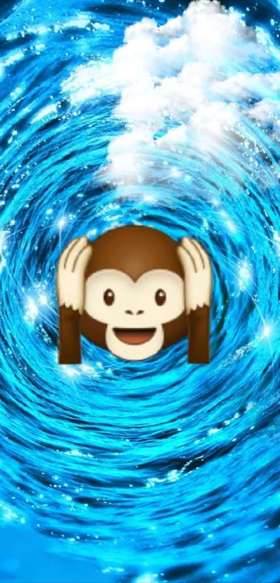 Playful monkey emoji in a blue swirling vortex wallpaper.