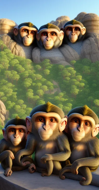 Cute monkey family in scenic forest wallpaper.