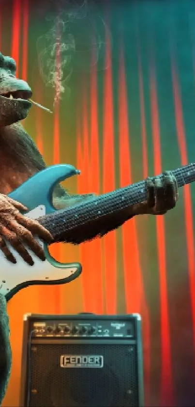 Monkey playing guitar with red curtains on stage.
