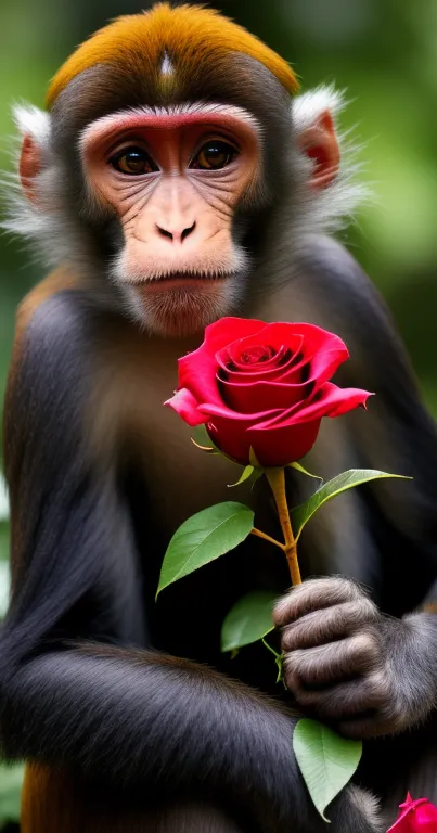 Monkey holding a red rose with green background.