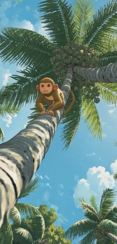 Monkey perched on a high palm tree with a blue sky backdrop.