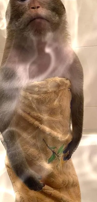 Monkey wrapped in towel in a steamy bathroom environment.