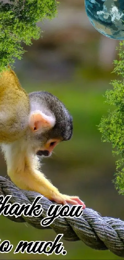 Squirrel monkey on rope with green background and 'Thank You' text.