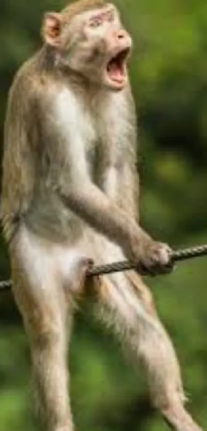 Monkey balancing on a rope in a forest.