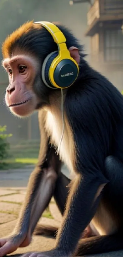 Monkey wearing yellow headphones in a serene outdoor setting.