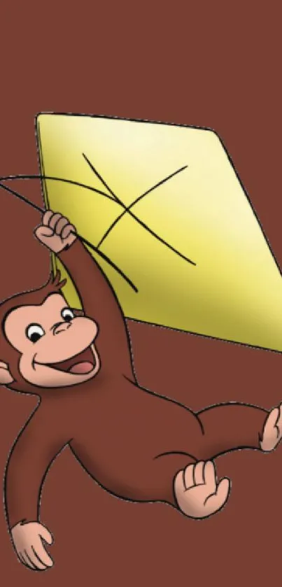 Cartoon monkey flying a yellow kite on brown background.