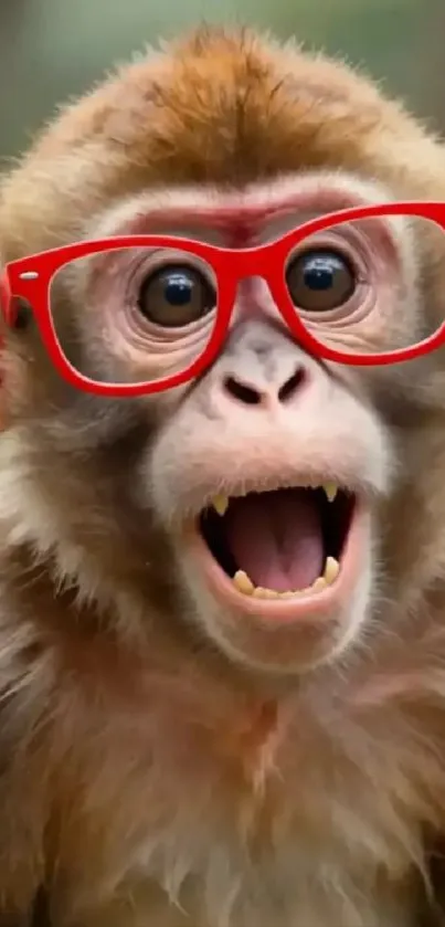 Amused monkey wearing red glasses looks surprised.