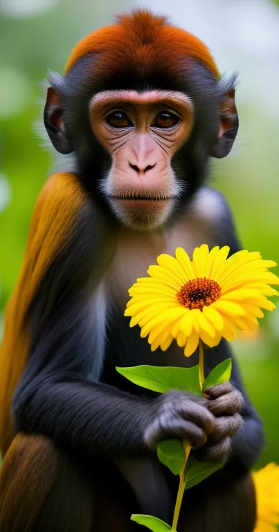 Charming monkey holding a yellow flower in a vibrant green setting.