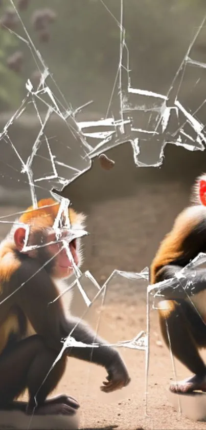 Monkeys behind cracked glass effect wallpaper.