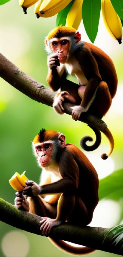 Two monkeys enjoying bananas on a branch in vibrant green jungle.