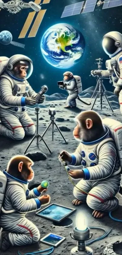 Monkeys in astronaut suits conducting lunar experiments.