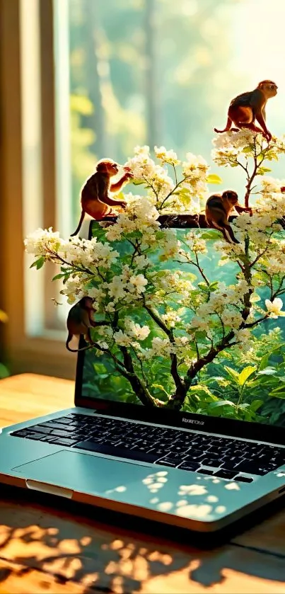 Monkeys interact with laptop screen in nature-inspired digital art.