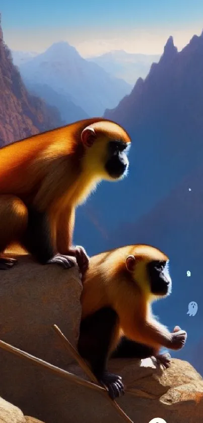 Monkeys sitting on a rocky mountain with a blue sky backdrop.