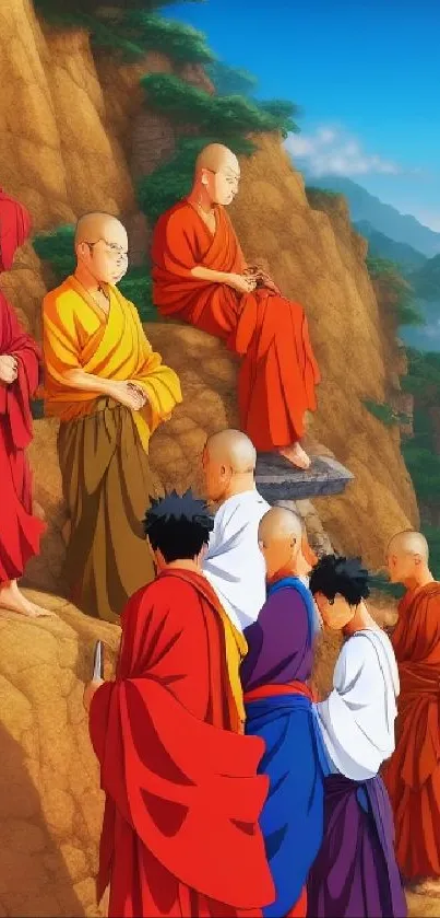 Monks in colorful robes meditating on a mountain cliff.